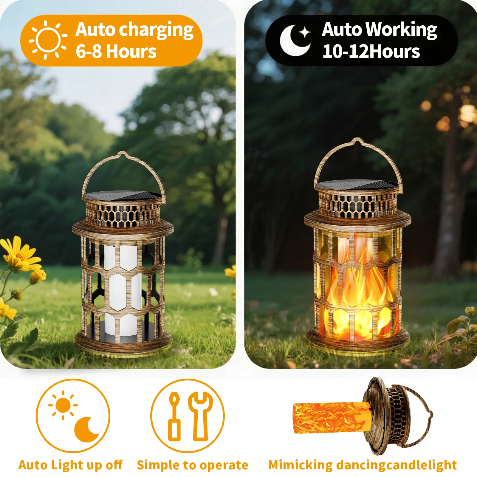 antique bronze solar lantern auto charges by day and lights up at night, simulated dancing flame.