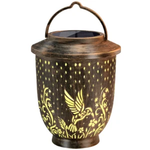 Antique bronze solar projection lantern, hollow bird pattern, hanging decorative light for outdoor.