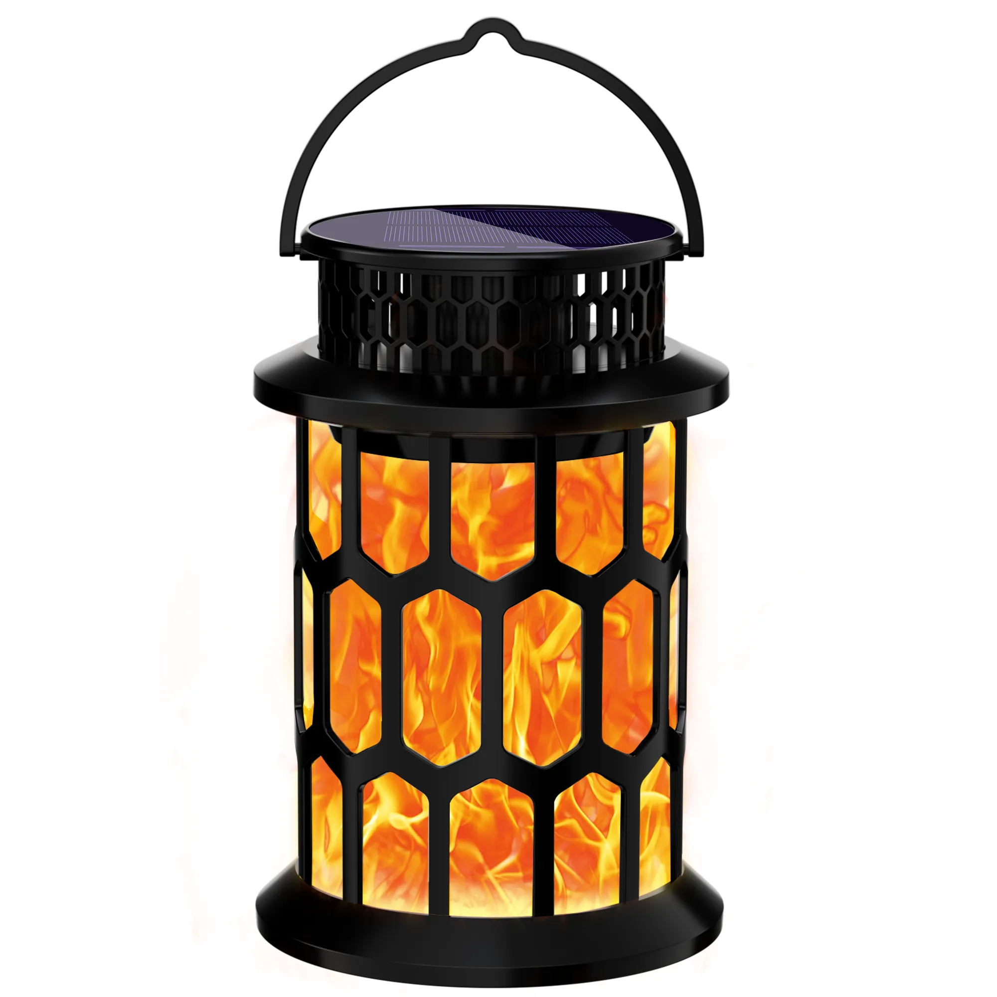 hanging light with realistic flickering flame LED light, honeycomb frame design for yard decor.