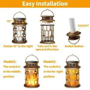 Easy assemble antique bronze grid solar lantern, steady and flickering flame for outdoor garden decor.