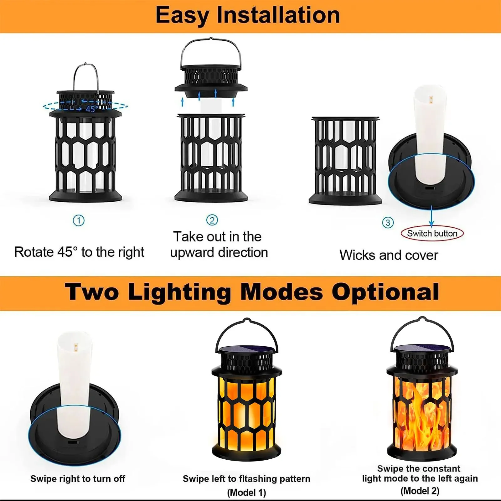 easy assembly black solar lantern, steady light and flickering flame mode for garden decor.