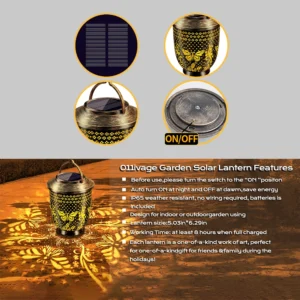 bronze butterfly solar projection lantern feature infographic, outdoor application specifications.