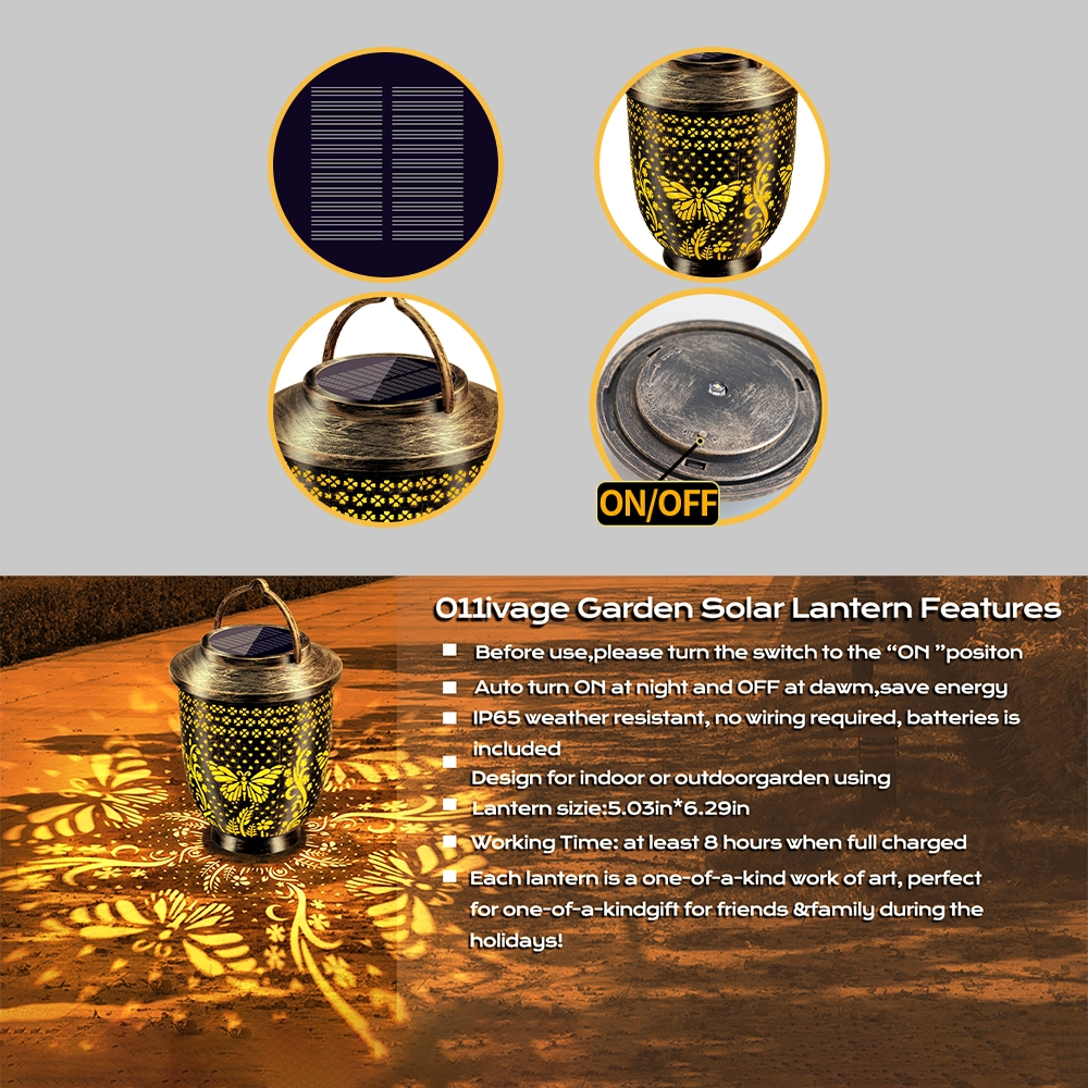 bronze butterfly solar projection lantern feature infographic, outdoor application specifications.